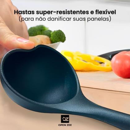 Imagem de Kit 12 Utensílios de Cozinha Silicone Conjunto Cabo de Madeira Copo Suporte