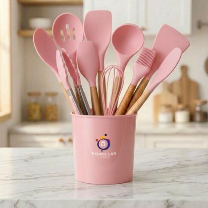 Imagem de Kit 12 Utensílios De Silicone Cozinha Conjunto Colheres Escumadeira Concha Jogo Utensilio Silicone Bambu Resistente Antiaderente Completo Cozinha