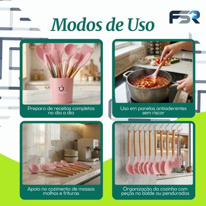 Imagem de Kit 12 Utensílios De Silicone Cozinha Conjunto Colheres Escumadeira Concha Jogo Utensilio Silicone Bambu Resistente Antiaderente Completo Cozinha