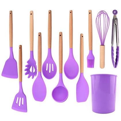 Imagem de Kit 12 Utensílios Jogo de Cozinha de Silicone com Espatulas Pincel Batedor Manual - Roxo