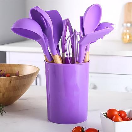 Imagem de Kit 12 Utensílios Jogo de Cozinha de Silicone com Espatulas Pincel Batedor Manual - Roxo