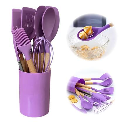 Imagem de Kit 12 Utensílios Jogo de Cozinha de Silicone com Espatulas Pincel Batedor Manual - Roxo