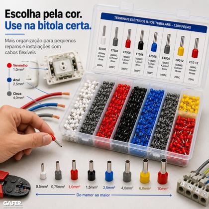 Imagem de Kit 1200 Terminais Elétricos Ilhós Tubular Cobre Estanhado 0.5mm a 10mm Profissional Acabamento Cabos