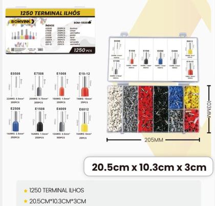Imagem de Kit 1250 Terminais Ilhós Tubular Elétricos 0,5mm² Até 10mm² Com Estojo - BOMDER