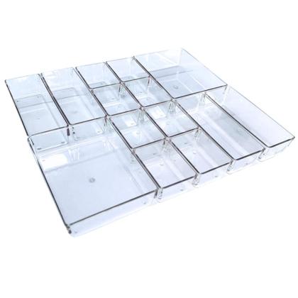 Imagem de Kit 14 Organizador Multiuso Modular Gavetas Acrílico Cristal 2G/4M/8P