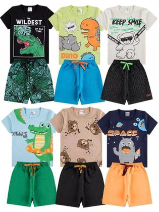 Imagem de Kit 14 Peças de Roupa infantil Menino 7 Camisetas 7 Bermudas Kit com 7 Conjuntos Infantil Verão para Menino dias quentes