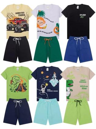 Imagem de Kit 14 Peças de Roupa infantil Menino 7 Camisetas 7 Bermudas Kit com 7 Conjuntos Infantil Verão para Menino dias quentes