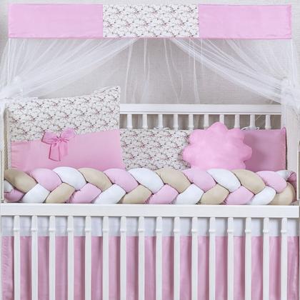Imagem de Kit 15 peças Protetor Berço Americano com Ninho Redutor Doce de bebê Rosa Floral Jardim para Menina