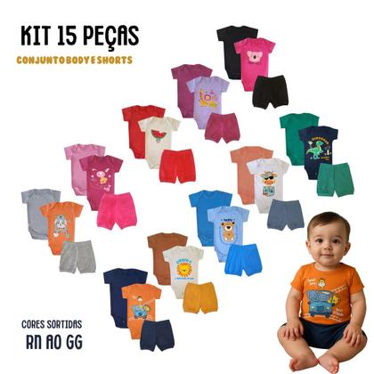 Imagem de Kit 15 peças Trijunto Roupa Bebê Body manga Curta Shorts com Punhos Menino Menina Algodão c elastano Enxoval Atacado RN aoGG