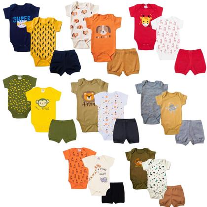 Imagem de Kit 15 peças Trijunto Roupa Bebê Body manga Curta Shorts com Punhos Menino Menina Algodão c elastano Enxoval Atacado RN aoGG