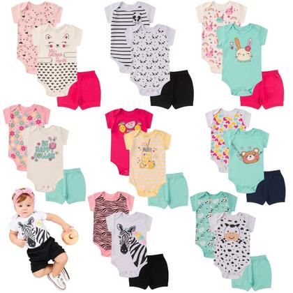 Imagem de Kit 15 peças Trijunto Roupa Bebê Body manga Curta Shorts com Punhos Menino Menina Algodão c elastano Enxoval Atacado RN aoGG