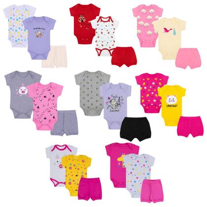 Imagem de Kit 15 peças Trijunto Roupa Bebê Body manga Curta Shorts com Punhos Menino Menina Algodão c elastano Enxoval Atacado RN aoGG