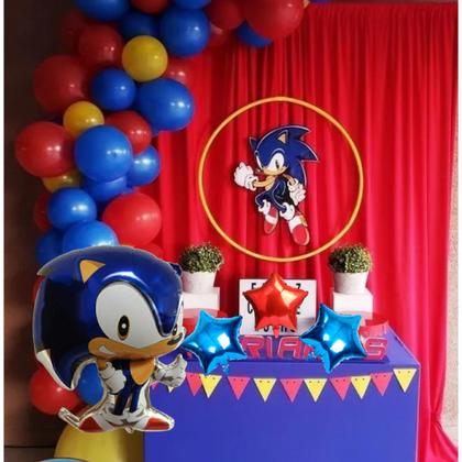 Imagem de Kit 156 Balões Para Decoração Sonic: 1 Balão Sonic Grande +4 Balões Estrelas Metalizadas +150 Bexigas +1 Tira Arco Balão