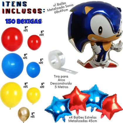 Imagem de Kit 156 Balões Para Decoração Sonic: 1 Balão Sonic Grande +4 Balões Estrelas Metalizadas +150 Bexigas +1 Tira Arco Balão