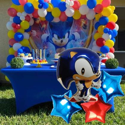 Imagem de Kit 156 Balões Para Decoração Sonic: 1 Balão Sonic Grande +4 Balões Estrelas Metalizadas +150 Bexigas +1 Tira Arco Balão