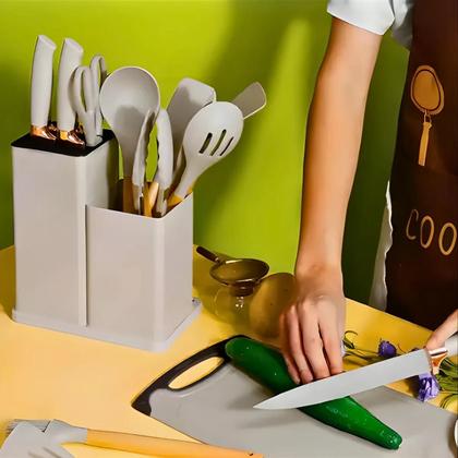 Imagem de Kit 19 Pçs Utensílios de Silicone + Jogo de Facas Profissionais Antiaderente Alta Temperatura Branco