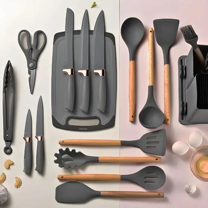 Imagem de Kit 19 Pçs Utensílios de Silicone + Jogo de Facas Profissionais Antiaderente Alta Temperatura Cinza