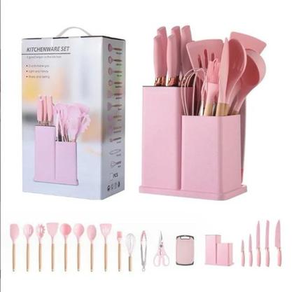Imagem de Kit 19 Peças Jogo de Utensílios de Cozinha em Silicone Completo Resistente ao Calor ROSA