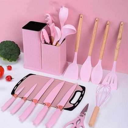 Imagem de Kit 19 Peças Jogo de Utensílios de Cozinha em Silicone Completo Resistente ao Calor ROSA