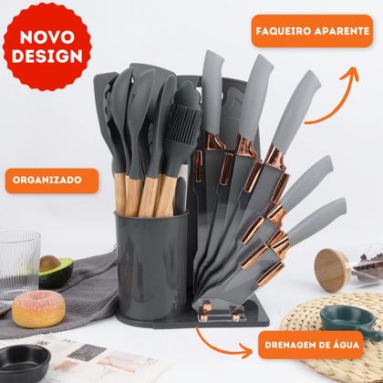 Imagem de Kit 19 Utensílios De Cozinha Com Cabo De Madeira E Silicone