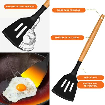 Imagem de Kit 19 Utensílios De Cozinha Com Cabo De Madeira E Silicone