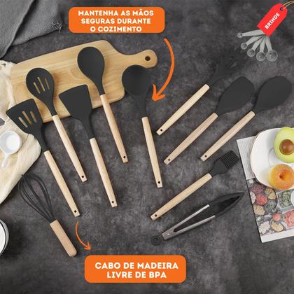 Imagem de Kit 19 Utensílios De Cozinha Com Cabo De Madeira E Silicone