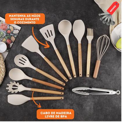 Imagem de Kit 19 Utensílios De Cozinha Com Cabo De Madeira E Silicone