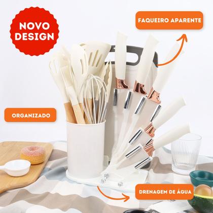 Imagem de Kit 19 Utensílios De Cozinha Com Cabo De Madeira E Silicone
