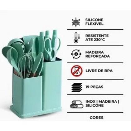 Imagem de Kit 19 Utensílios de Cozinha Silicone Cabo de Madeira Faca Tábua Verde Claro