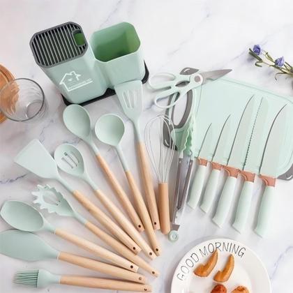 Imagem de Kit 19 Utensílios de Cozinha Silicone Cabo de Madeira Faca Tábua Verde Claro