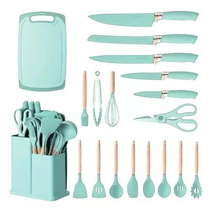 Imagem de Kit 19 Utensílios de Cozinha Silicone Cabo de Madeira Faca Tábua Verde Claro