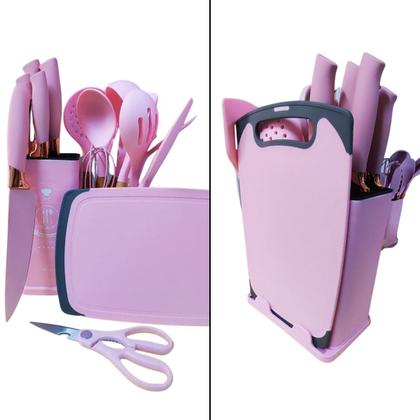 Imagem de Kit 19 Utensílios De Cozinha Silicone Cabo Madeira Premium