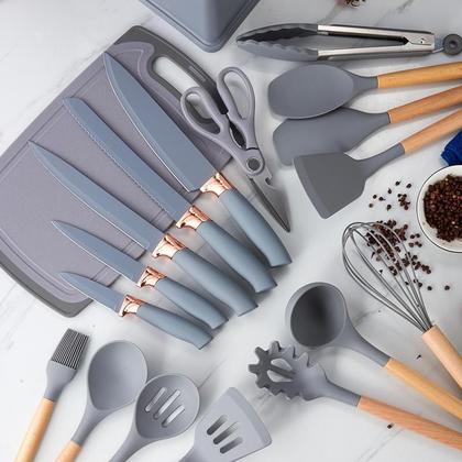 Imagem de Kit 19 Utensílios de Cozinha Silicone Tábua Faca Pegador Batedor Espátula 099