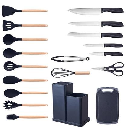 Imagem de Kit 19 Utensílios de Cozinha Silicone Tábua Faca Pegador Batedor Espátula 099