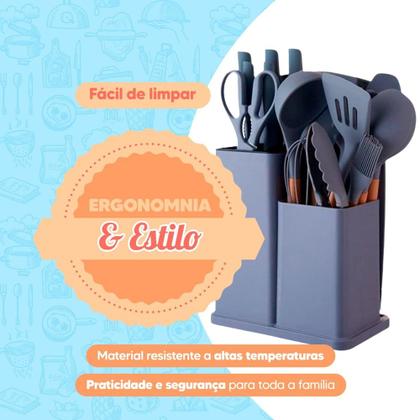 Imagem de Kit 19 Utensílios de Cozinha Silicone Tábua Faca Pegador Batedor Espátula 099