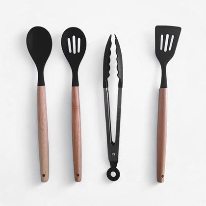 Imagem de Kit 19 Utensílios de Silicone com Porta Talheres Oval Preto