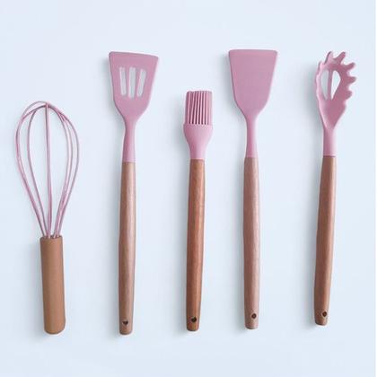 Imagem de Kit 19 Utensílios de Silicone com Porta Talheres Oval Rosa