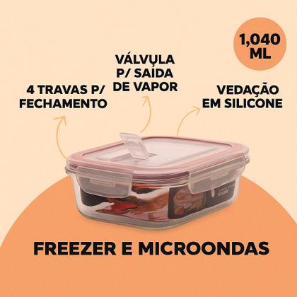 Imagem de Kit 2/4/6 Potes De Vidro Hermético 1040ml 410ml Marmita Retangular Tampa Com Travas E Saída de Ar Ve