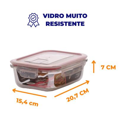 Imagem de Kit 2/4/6 Potes De Vidro Hermético 1040ml 410ml Marmita Retangular Tampa Com Travas E Saída de Ar Ve