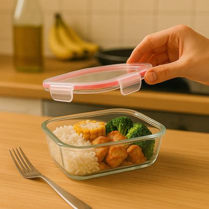 Imagem de Kit 2/4/6 Potes De Vidro Hermético 1040ml 410ml Marmita Retangular Tampa Com Travas E Saída de Ar Ve