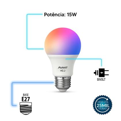 Imagem de Kit 2 a 5 Lampada Led Pera Smart Inteligente Wifi 2.4 GHz 15W RGB Colorido E27 Neo Avant