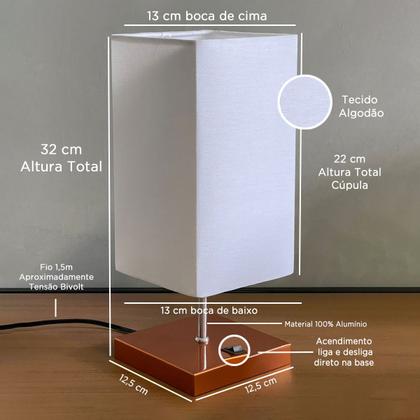 Imagem de Kit 2 Abajur de Mesa Clássica Quadrada com Interruptor e Cúpula Para Ambientes Casa e Sala de Estar, Quarto Cabeceira de cama e Escritorio