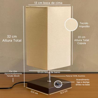 Imagem de Kit 2 Abajur de Mesa Clássica Quadrada com Interruptor e Cúpula Para Ambientes Casa e Sala de Estar, Quarto Cabeceira de cama e Escritorio