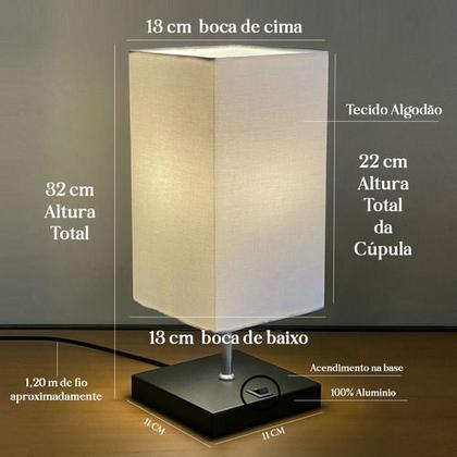 Imagem de Kit 2 Abajur de Mesa Clássica Quadrada com Interruptor e Cúpula Para Ambientes Casa e Sala de Estar, Quarto Cabeceira de cama e Escritorio