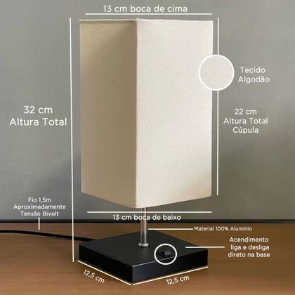 Imagem de Kit 2 Abajur de Mesa Clássica Quadrada com Interruptor e Cúpula Para Decoração Casa e Sala, Quarto e cabeceira Cama, Escritório