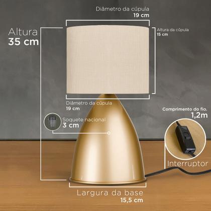 Imagem de Kit 2 Abajur de Mesa Dourado Bojudo Com Cúpula Algodão Para Cabeceira, Cama, Quarto, Sala ou Escritório