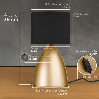 Imagem de Kit 2 Abajur de Mesa Dourado Bojudo Com Cúpula Algodão Para Cabeceira, Cama, Quarto, Sala ou Escritório