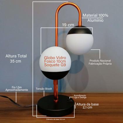 Imagem de Kit 2 Abajur de Mesa Moderno Jabuticaba Jennifer Alumínio Com 2 Globos Vidro 10cm com Lâmpada Branco Quente