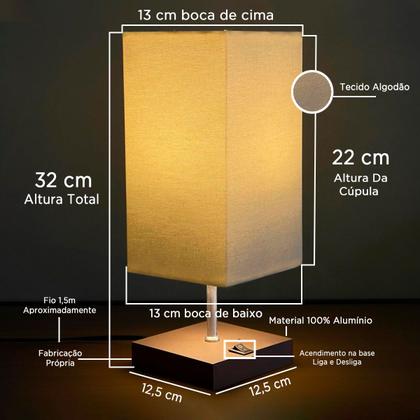 Imagem de Kit 2 Abajur Luminária De Mesa Quadrado de MDF Com Interruptor Com Cúpula Para Cabeceira, Sala ou Escritório, cama ou Quarto, corredor sala