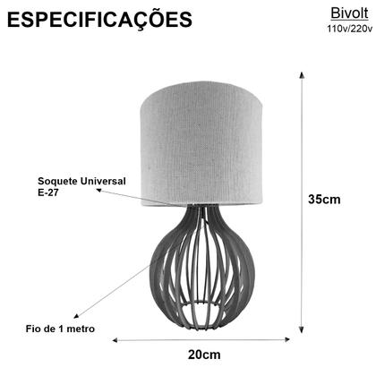 Imagem de Kit 2 Abajur Luminária Em Mdf Bivolt Criado Mesa Quarto Sala